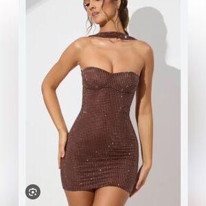 Oh Polly Strapless Brown Rhinestone Mini Dress